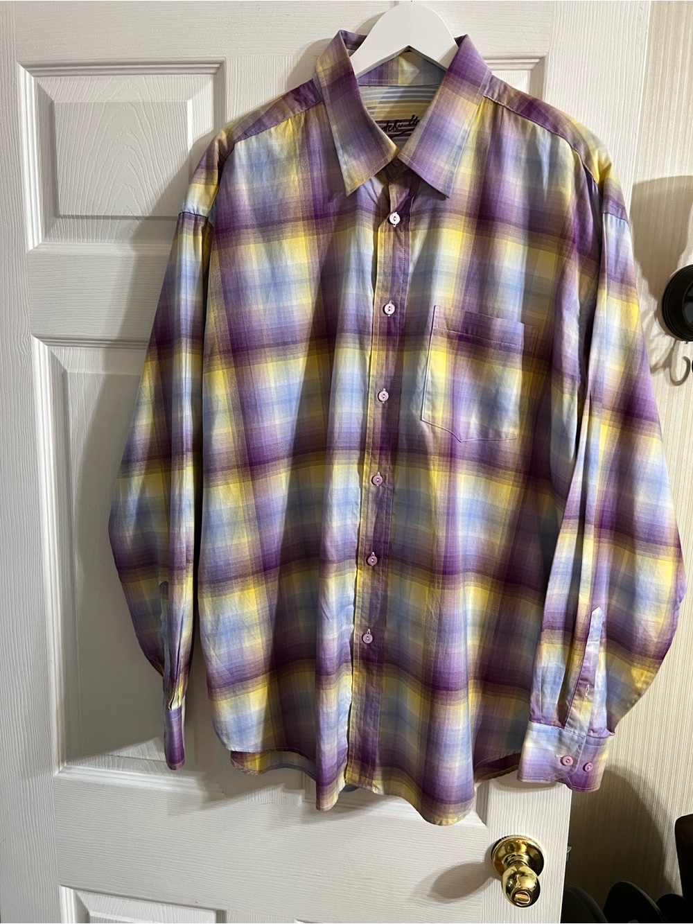 EUC BUGATCHI UOMO Men's Plaid Button-Up Shirt in Purple and Yellow